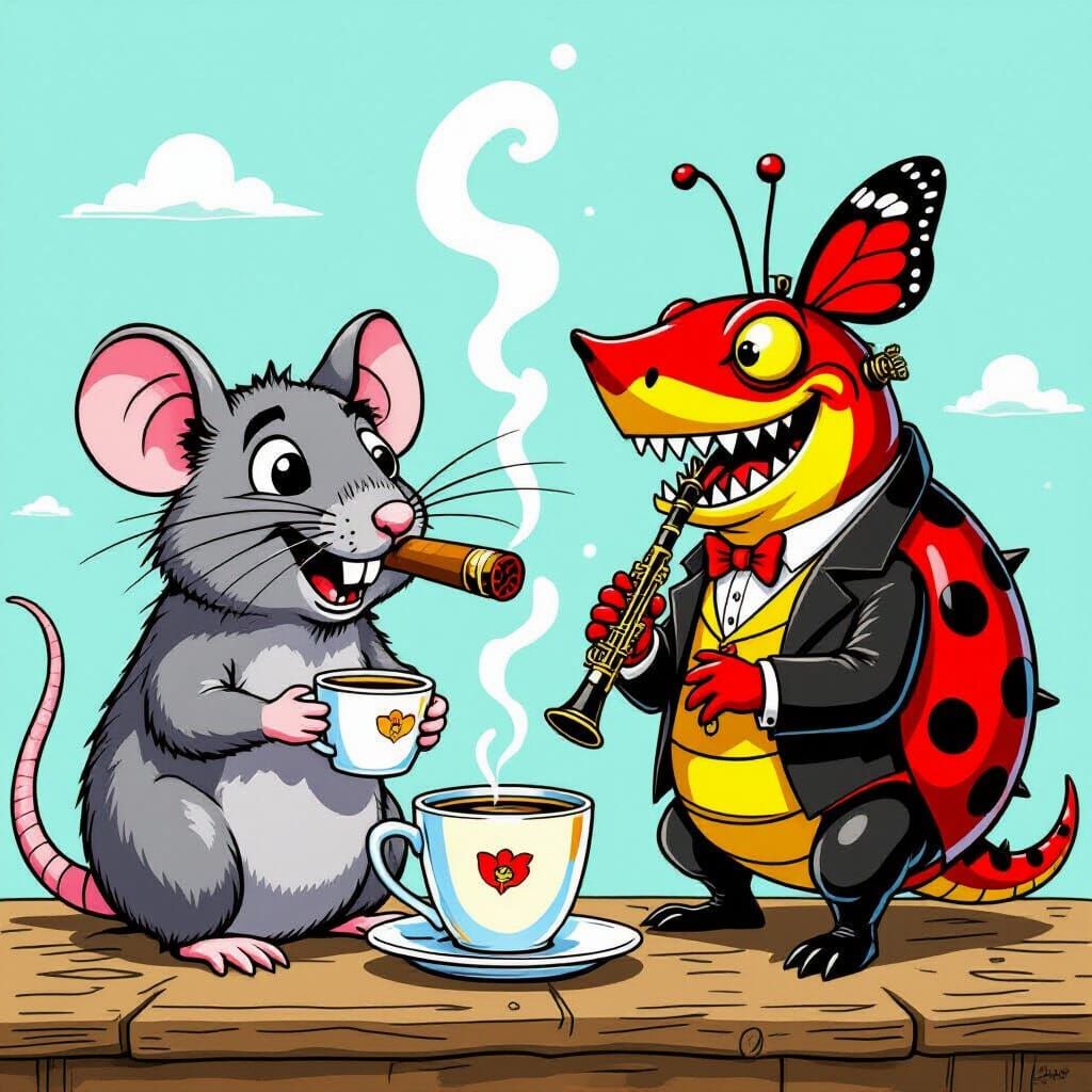 Cartoon Rat Enjoys Coffee With Churchill's Sharknose Playing...