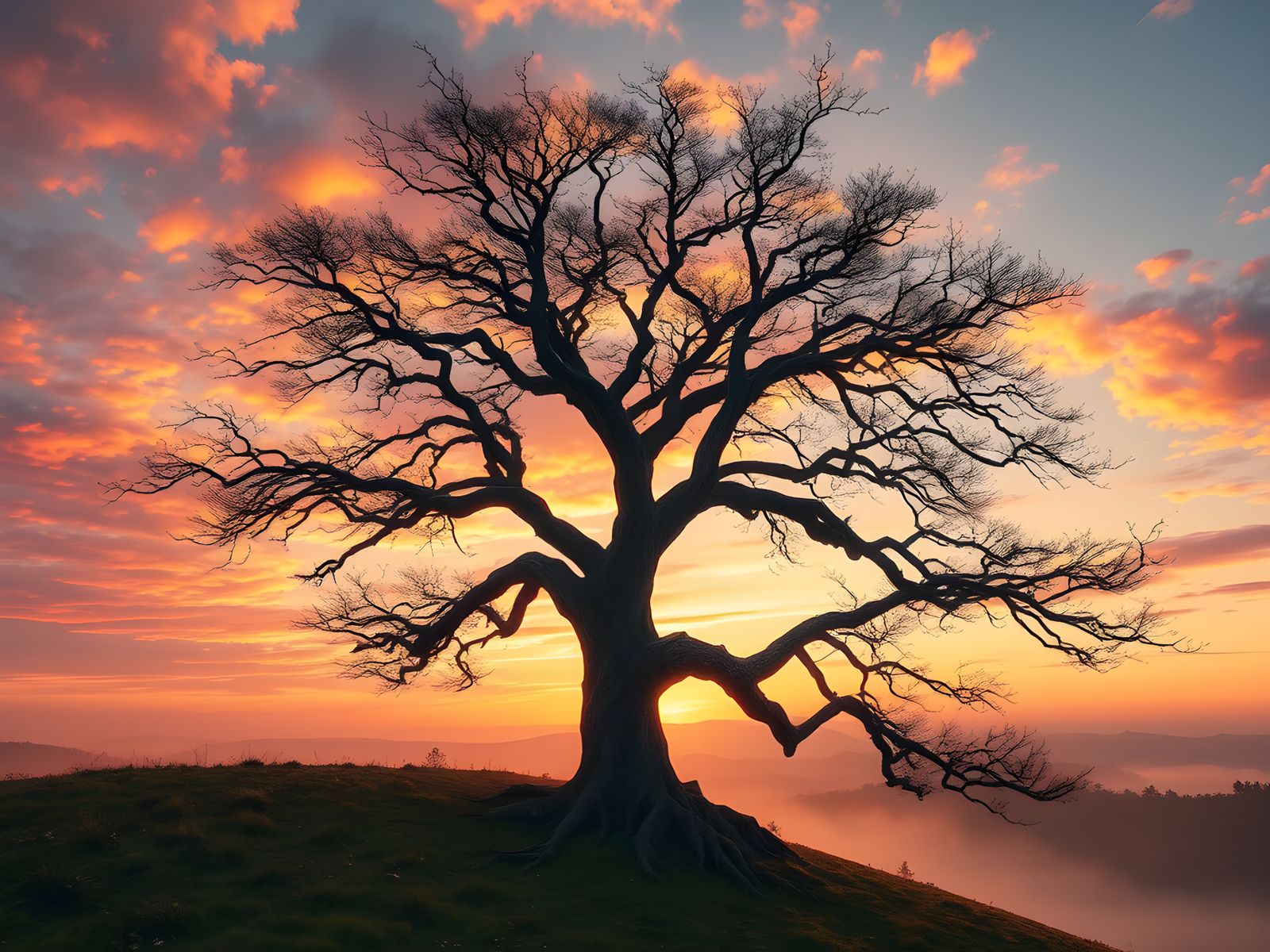 Lonely Tree at Sunset Inspired by Romanticism