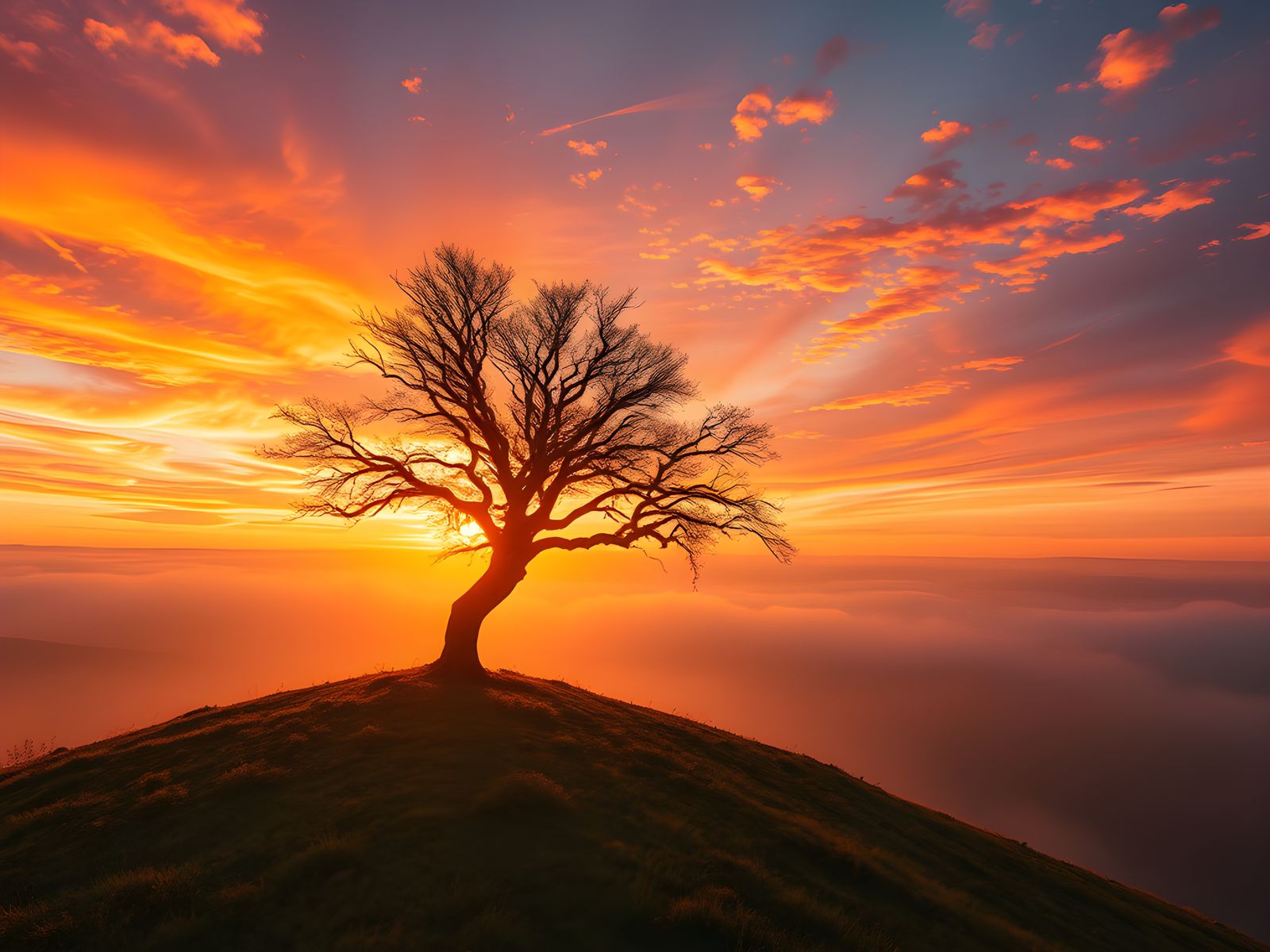 Lonely Tree Silhouette Against Sunset Sky