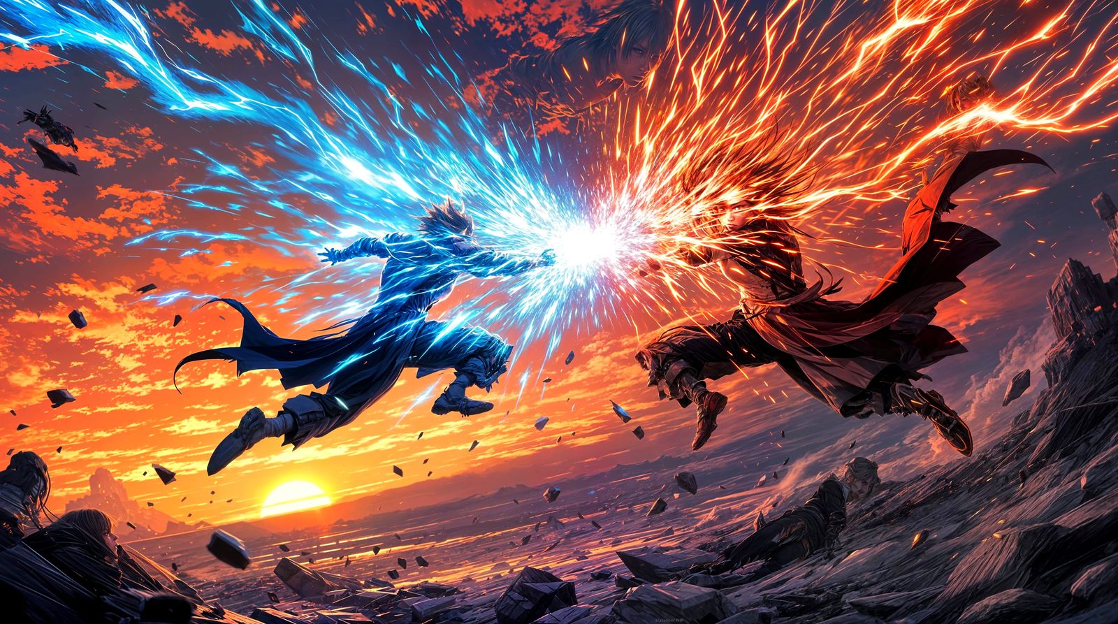 Anime Rivals Clash in Dynamic Mid-Air Battle