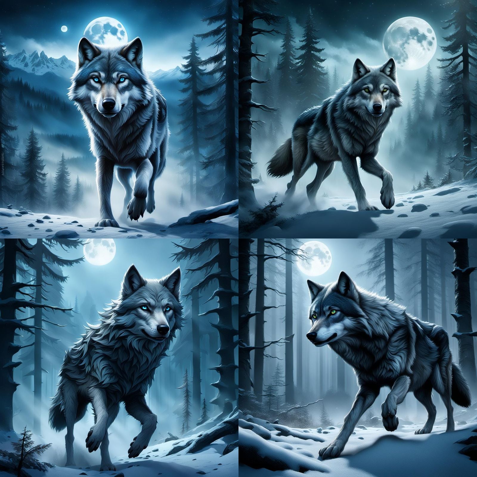 Grey Wolf Running Under Full Moon, Digital Painting