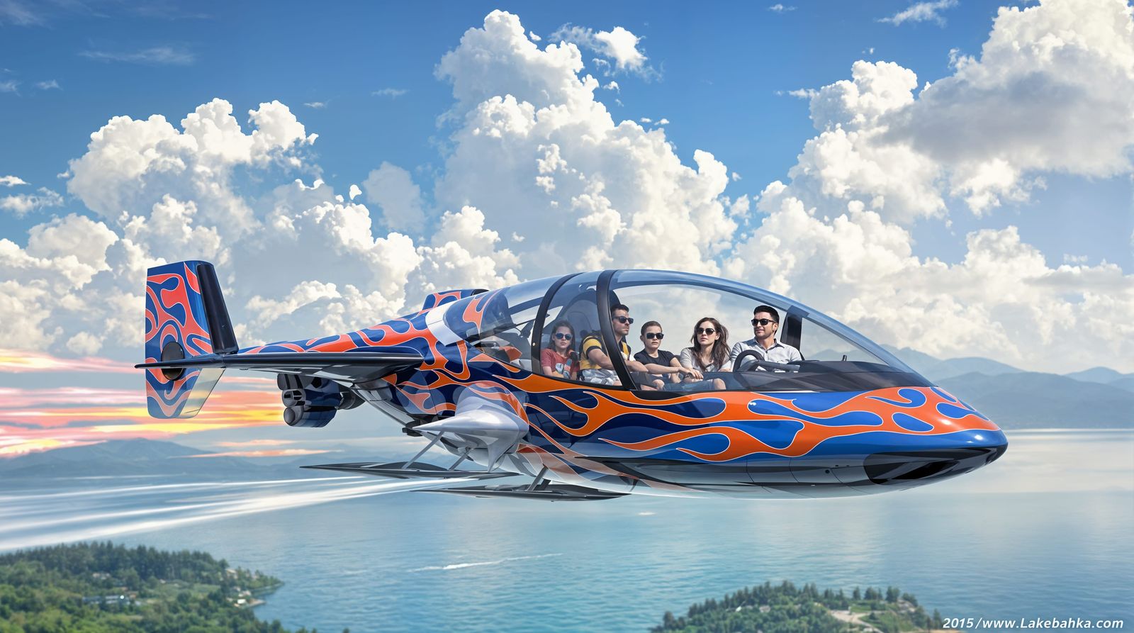 Futuristic Air Car Family Vacation Over Lake Shasta