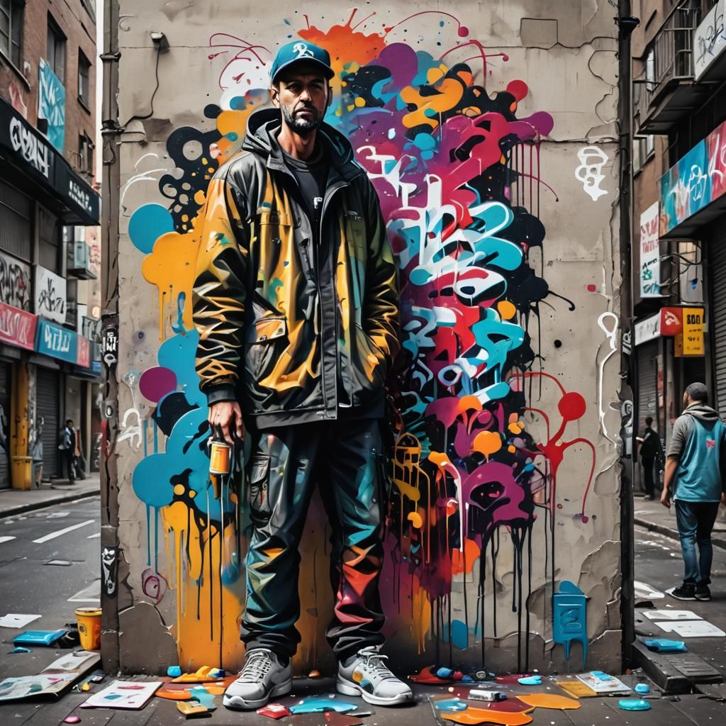 Tall Man in Street: Graffiti Art Style