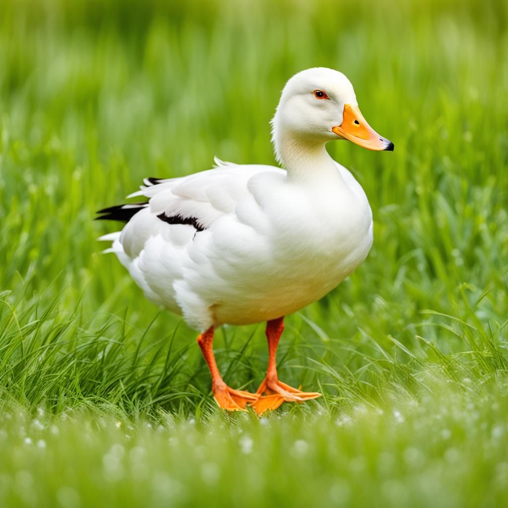 Cute White Duck Standing in Grass