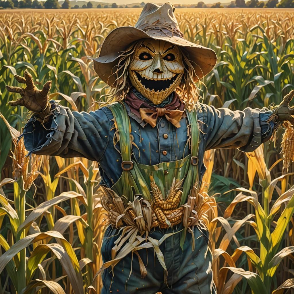 Corn field, happy scarecrow
