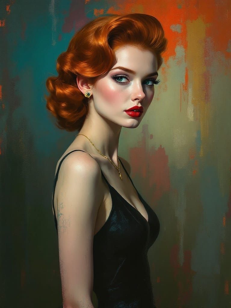 1950s Redhead Pin-Up Impasto Painting with Bold Brushwork