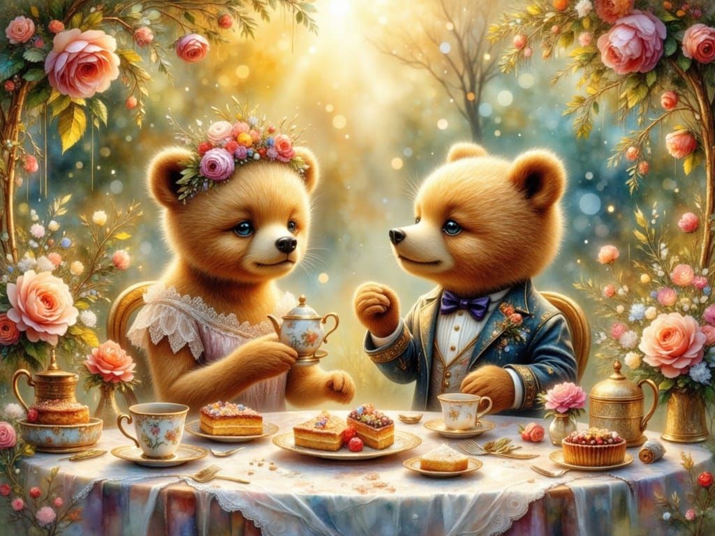 Bears' Tea Party in Sun-Drenched Garden