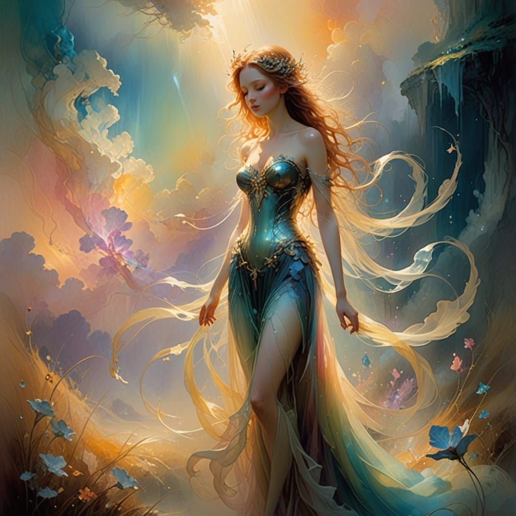 Ethereal Iridescent Landscape with Lone Figure