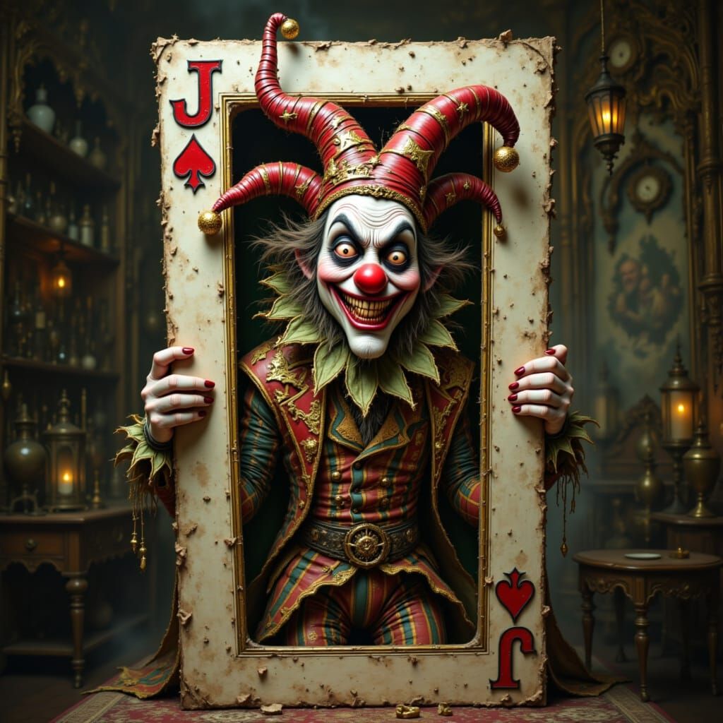 Realistic Court Jester Stepping Out of a Worn Joker Card