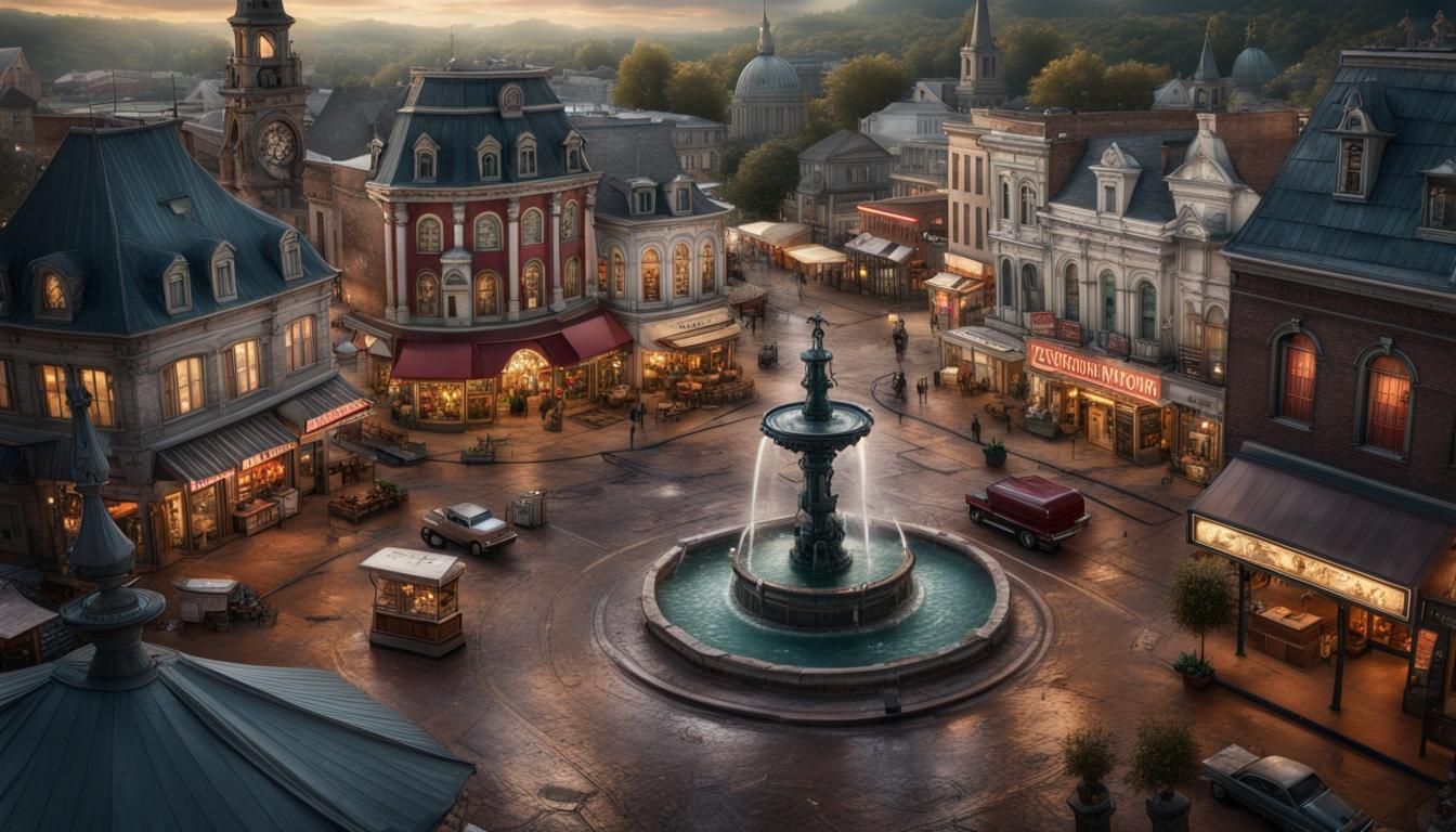 Cinematic Town Square at Night Digital Painting