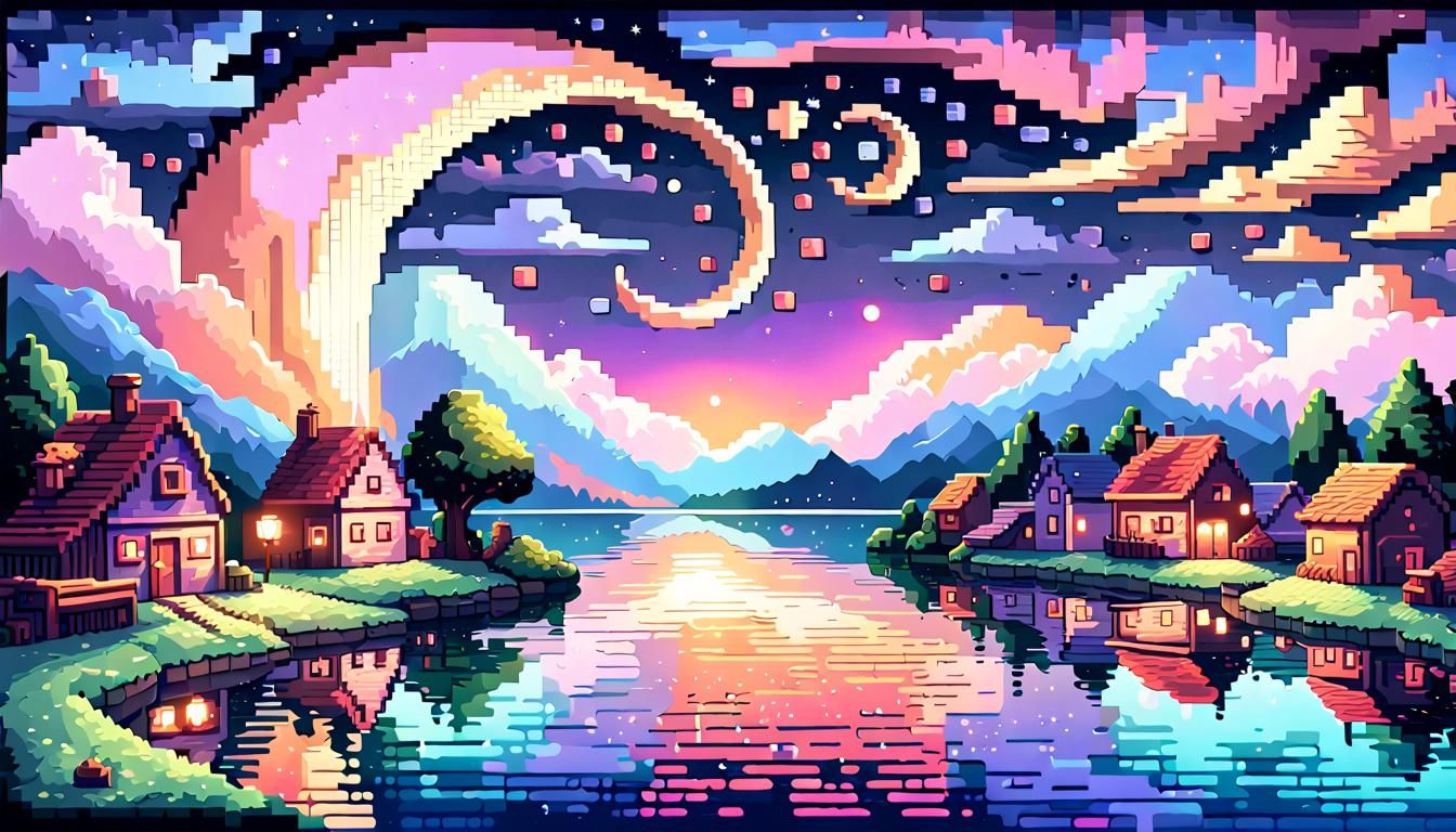 Pixel Art Starry Night Over Village