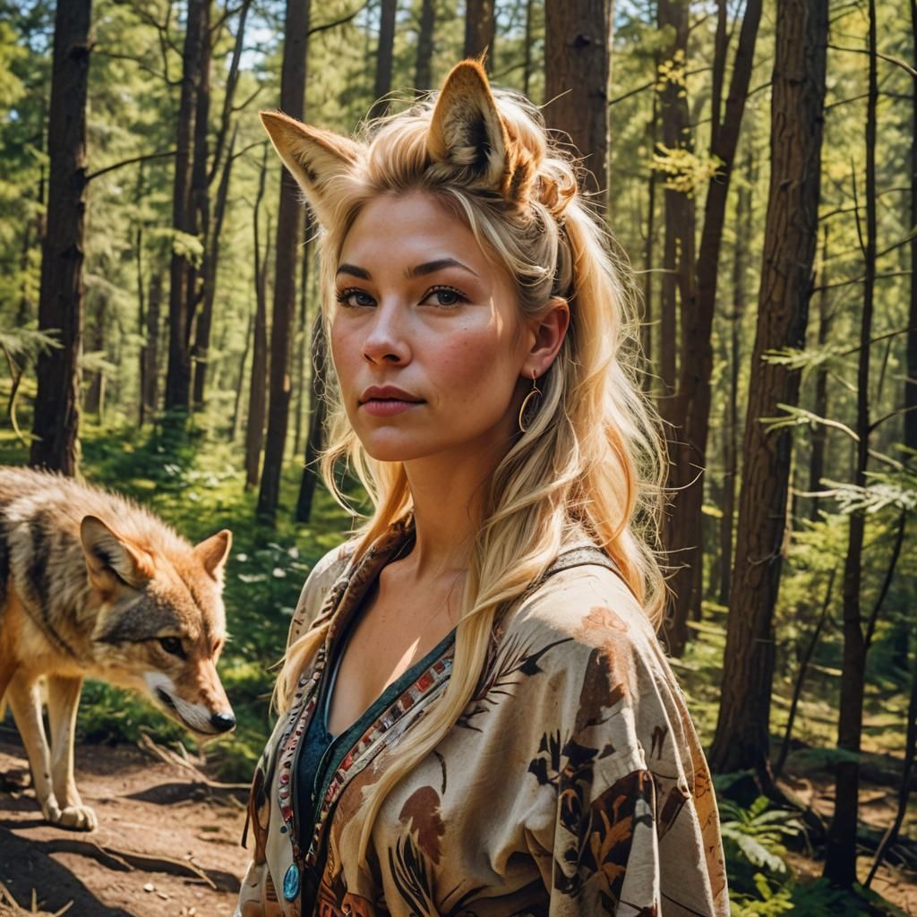 Coyote Woman Portrait in Sunny Forest