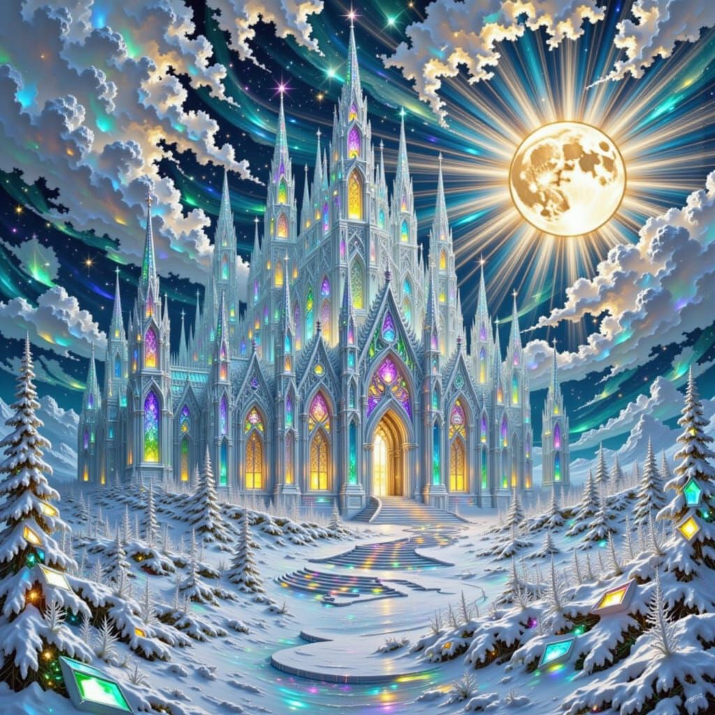 Ice Cathedral Under Moonlight in Surreal Stained Glass Style