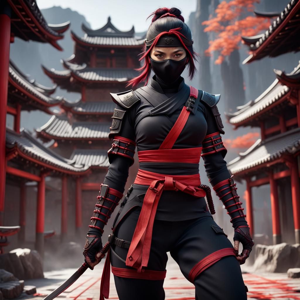 Female Ninja in Black and Red: Detailed Digital Painting