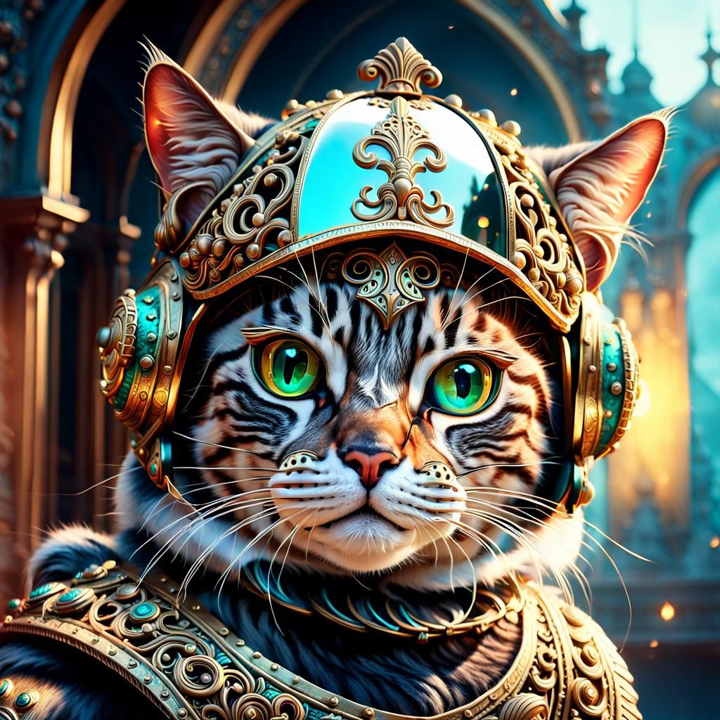 Cat in Ornate Helmet: Digital Matte Painting