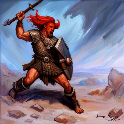 Barbarian Berserker Leaps into Battle: Oil Painting