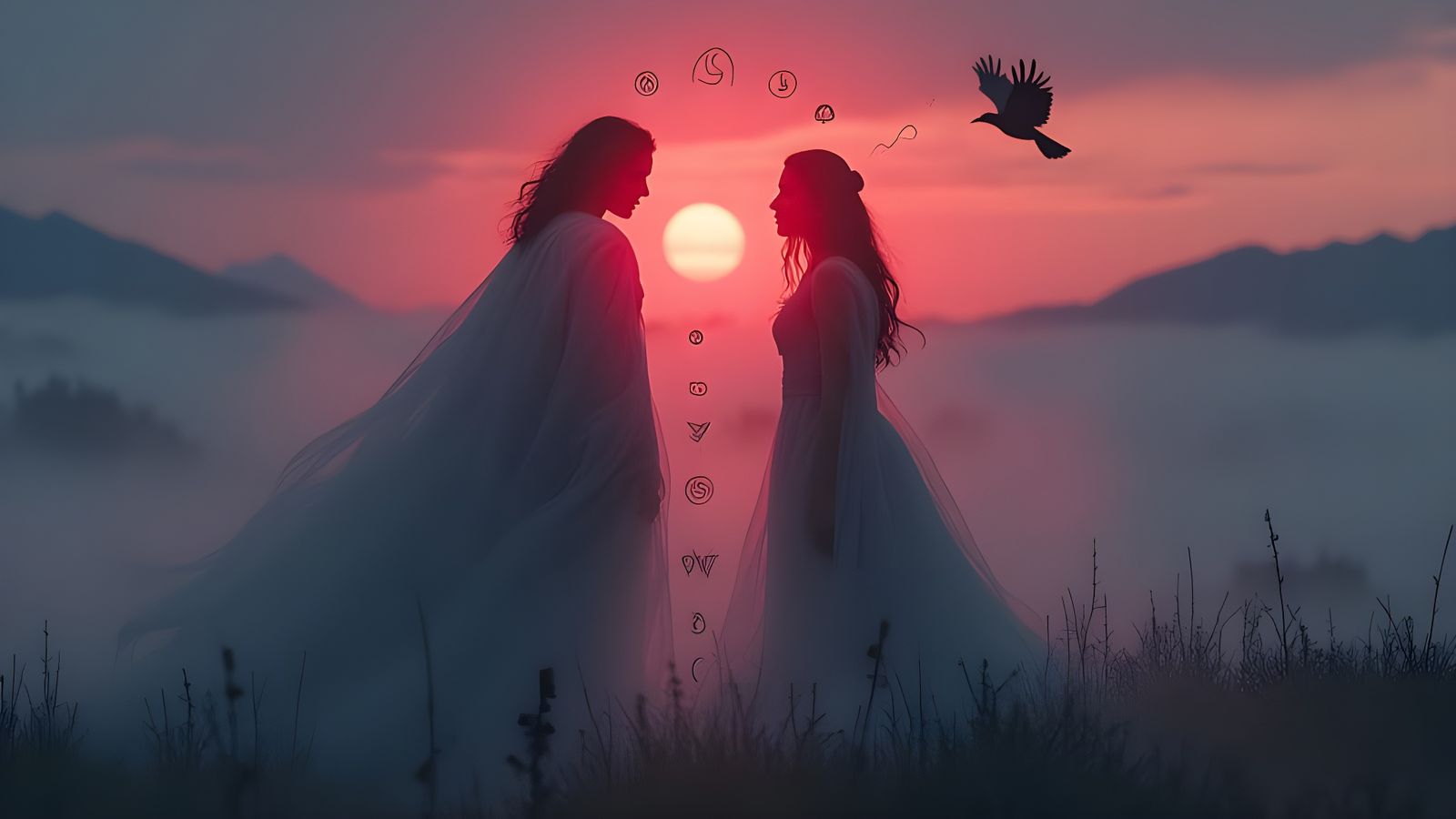 Ethereal Silhouettes Linked by Runes Under Twilight Sky