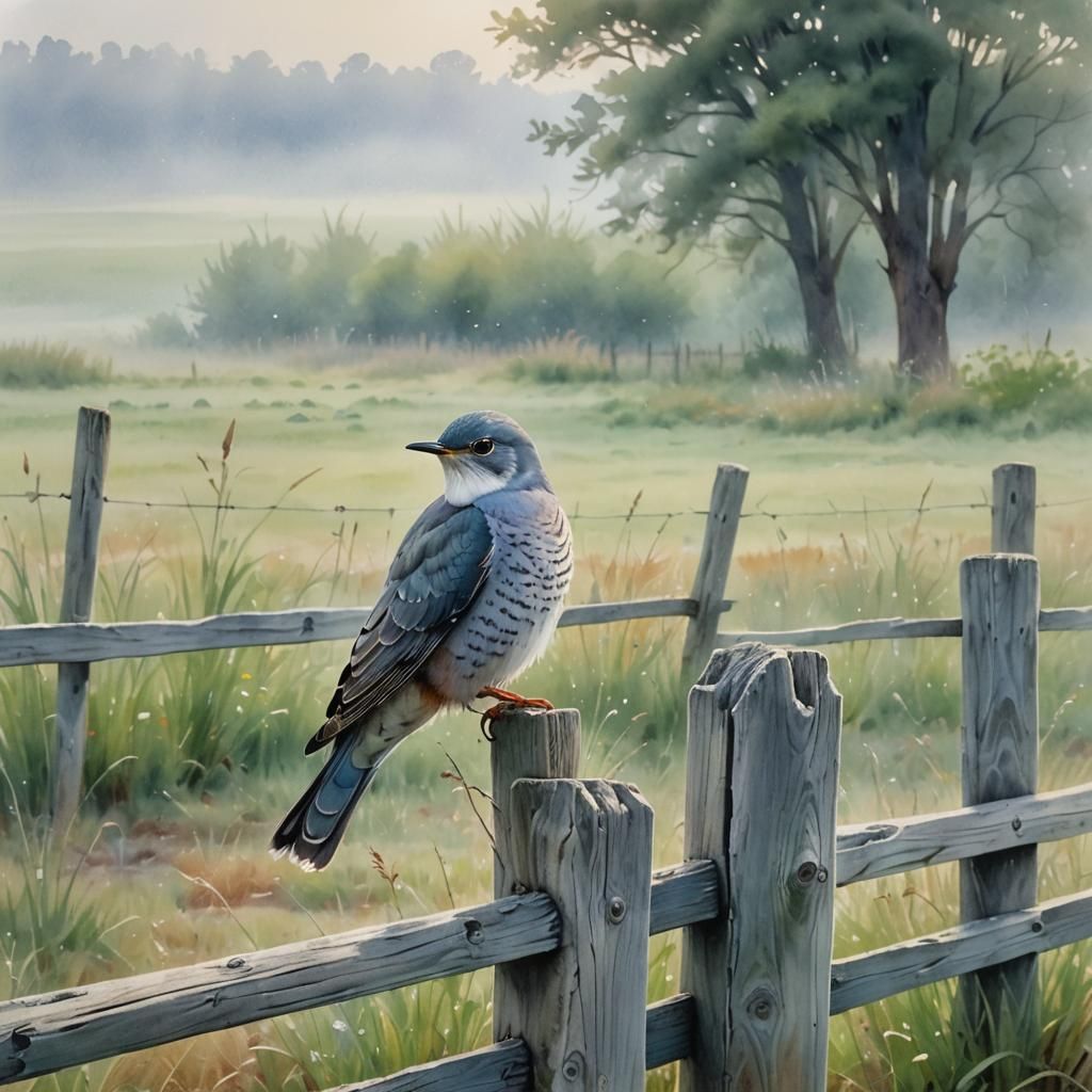 Cuckoo Bird in Foggy Field, Watercolor Painting