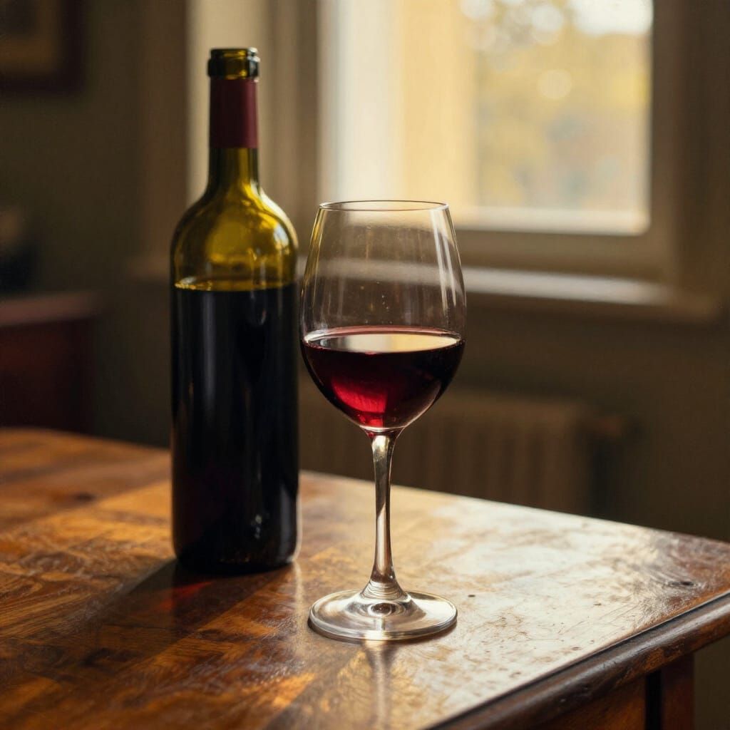 Merlot Wine Glass and Bottle in Golden Hour Light