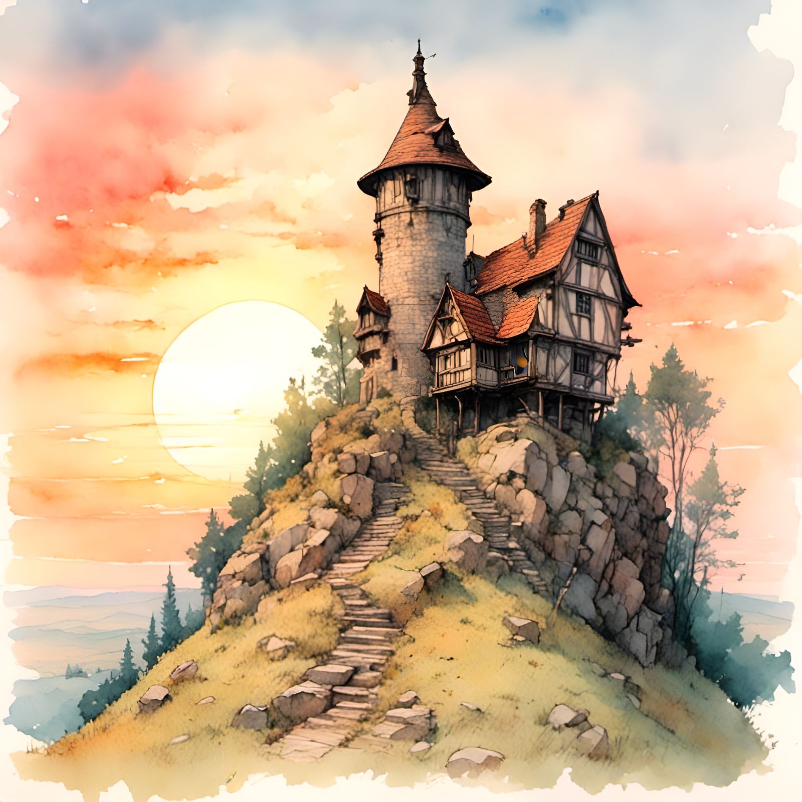 Medieval Observatory Sunset in Watercolor Pencil Style