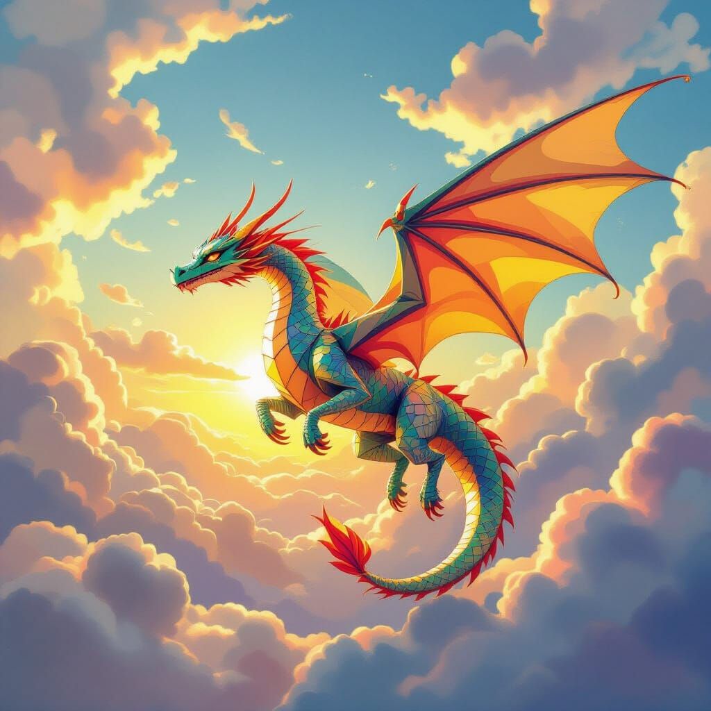 Majestic Origami Dragon Soars in Impressionist Sky