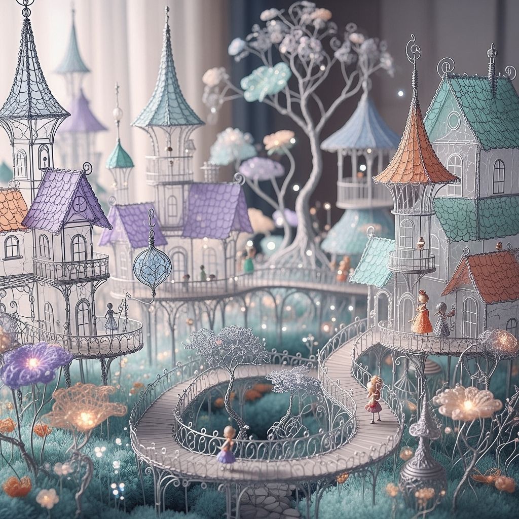Ethereal Wire Village with Pastel Colors, Dreamlike Miniatur...