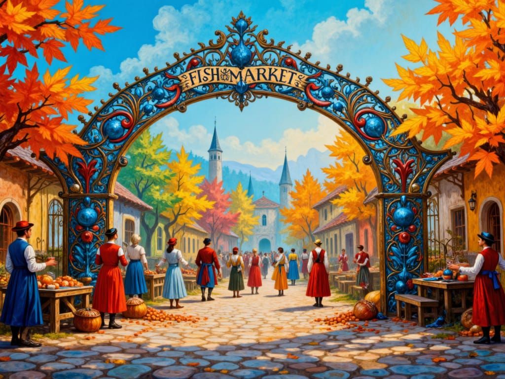 Medieval Fish Market in Autumn Colors