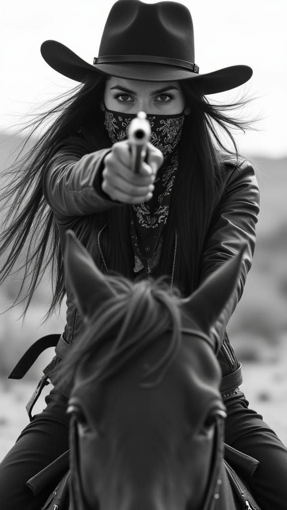 Fierce Cowgirl in Windswept Desert, Hyperrealistic Black and...