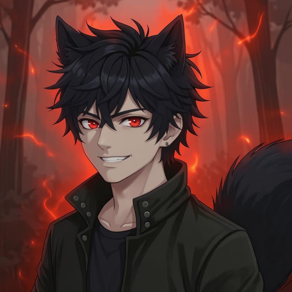 Evil Werewolf Man with Red Eyes in Forest