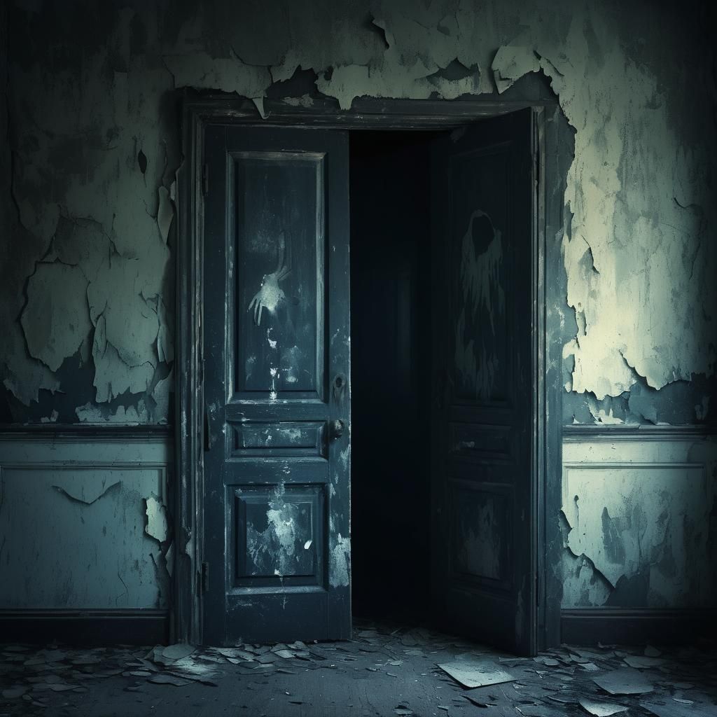 Eerie Silhouette in Dilapidated Dark Fantasy Room