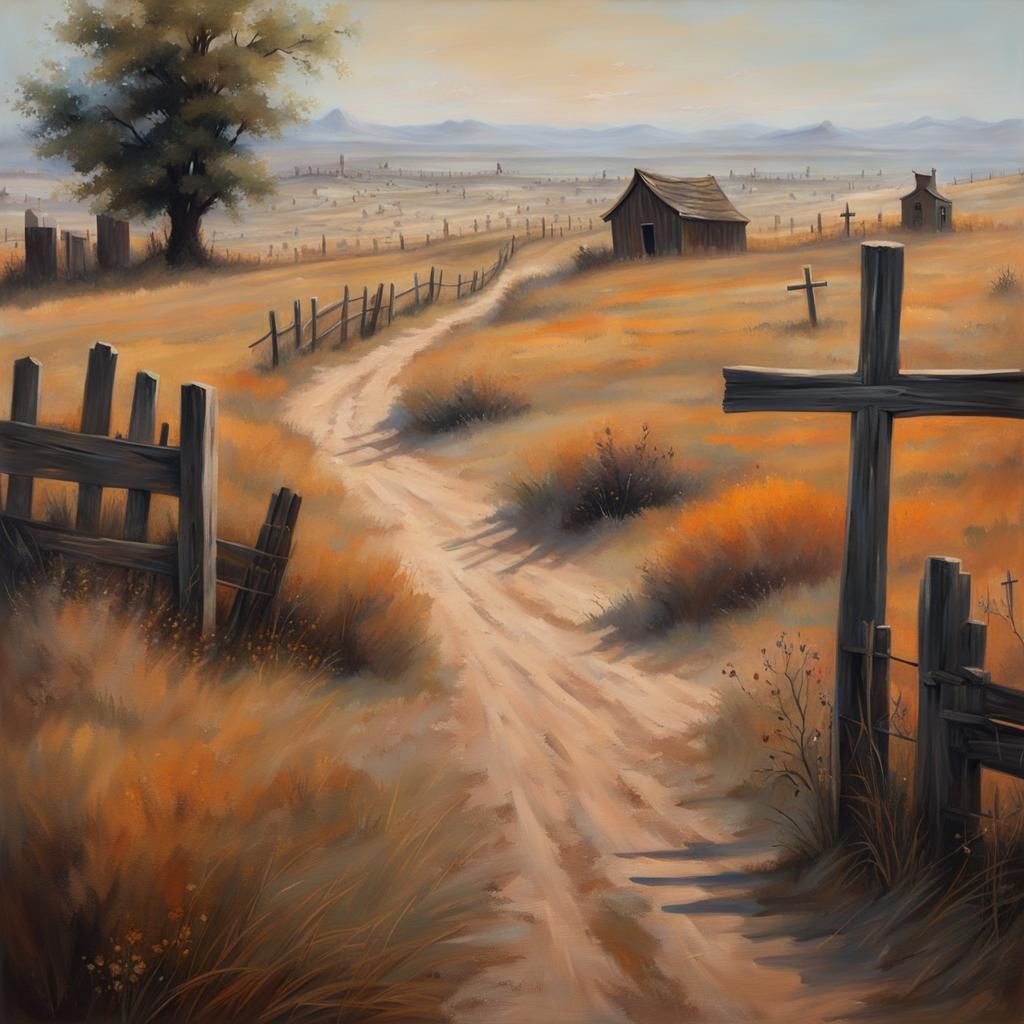 Serene Western Cemetery at Sunset in Realist Style