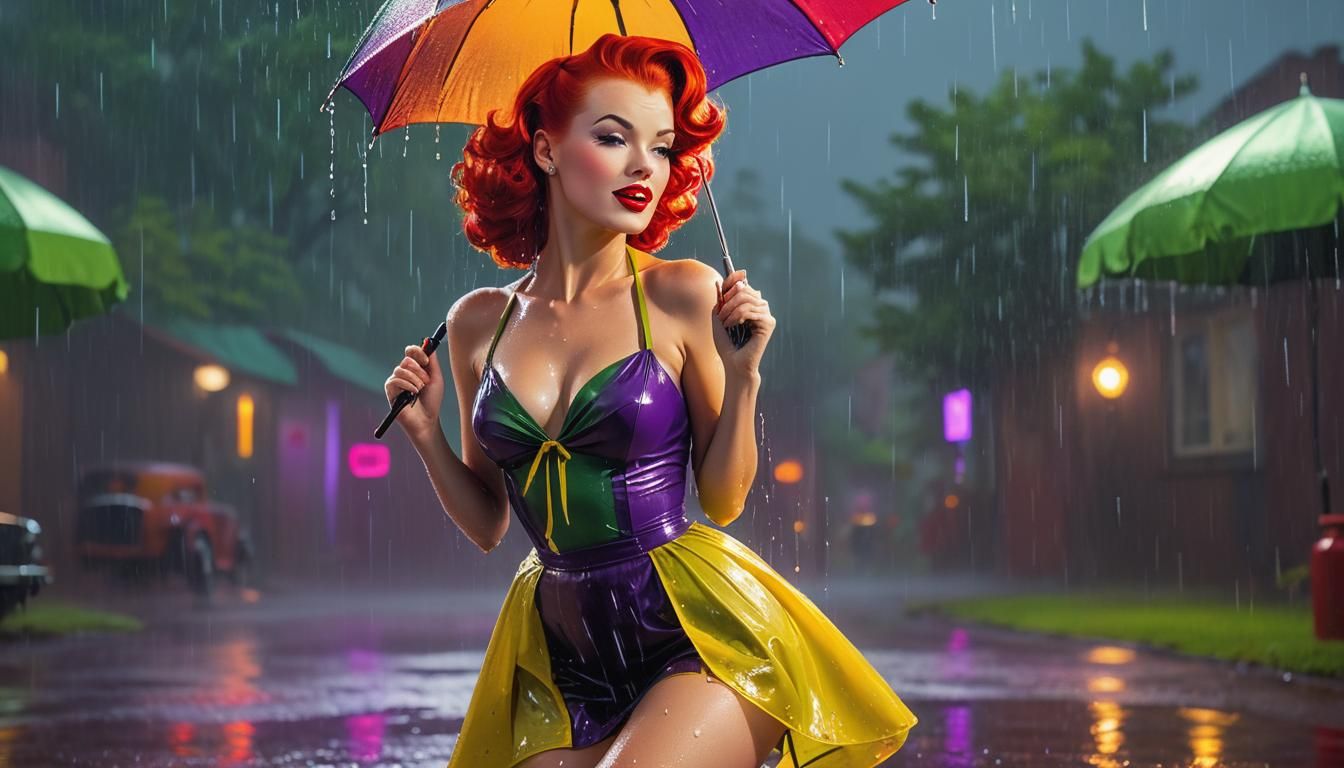 Vintage Pin-Up Girl Dancing in Rainy Neon City