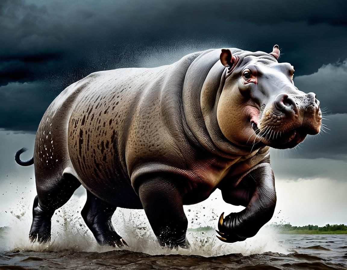 Majestic Running Hippo in Watercolor Style