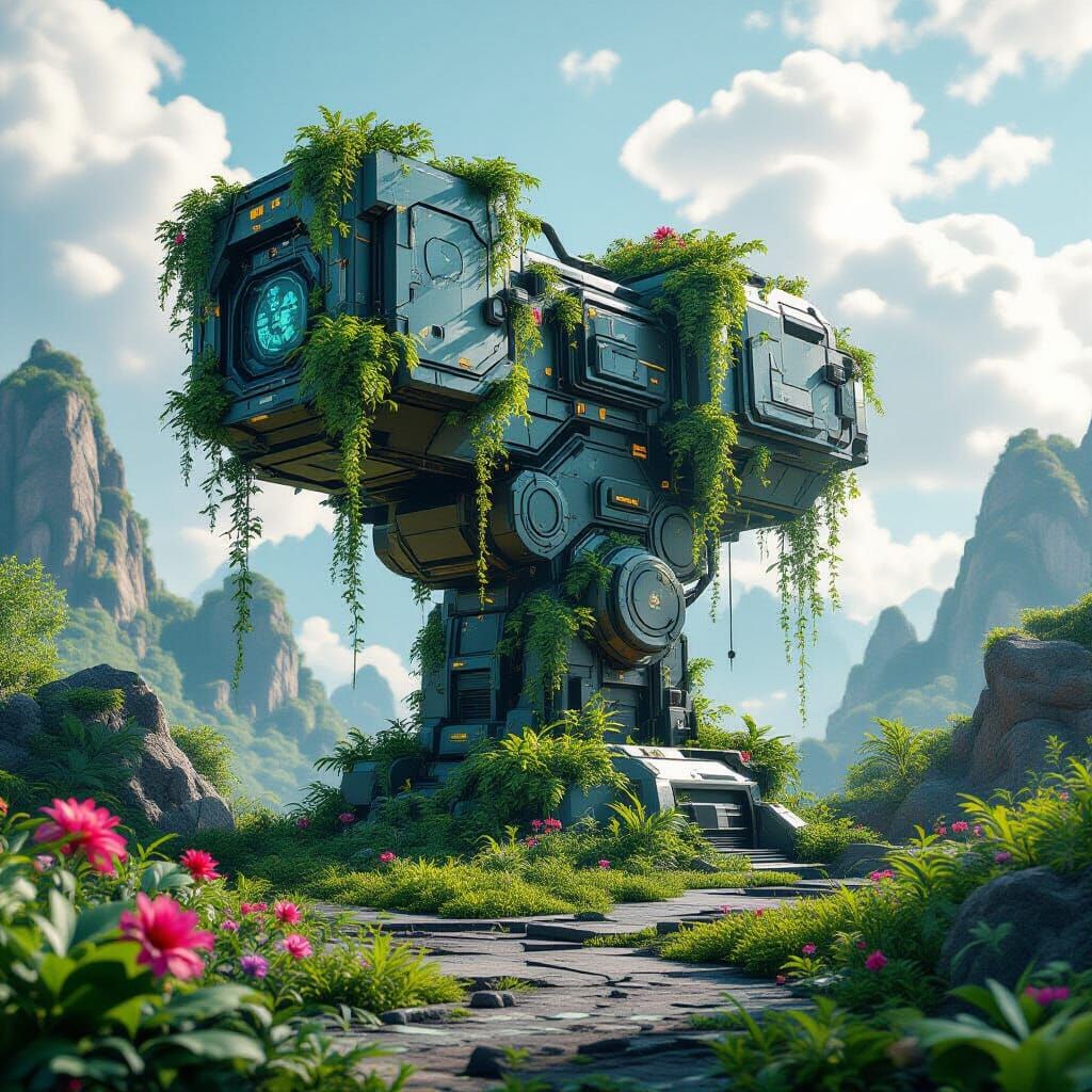 Futuristic Terraforming Machine Overgrown in Fantasy Landsca...