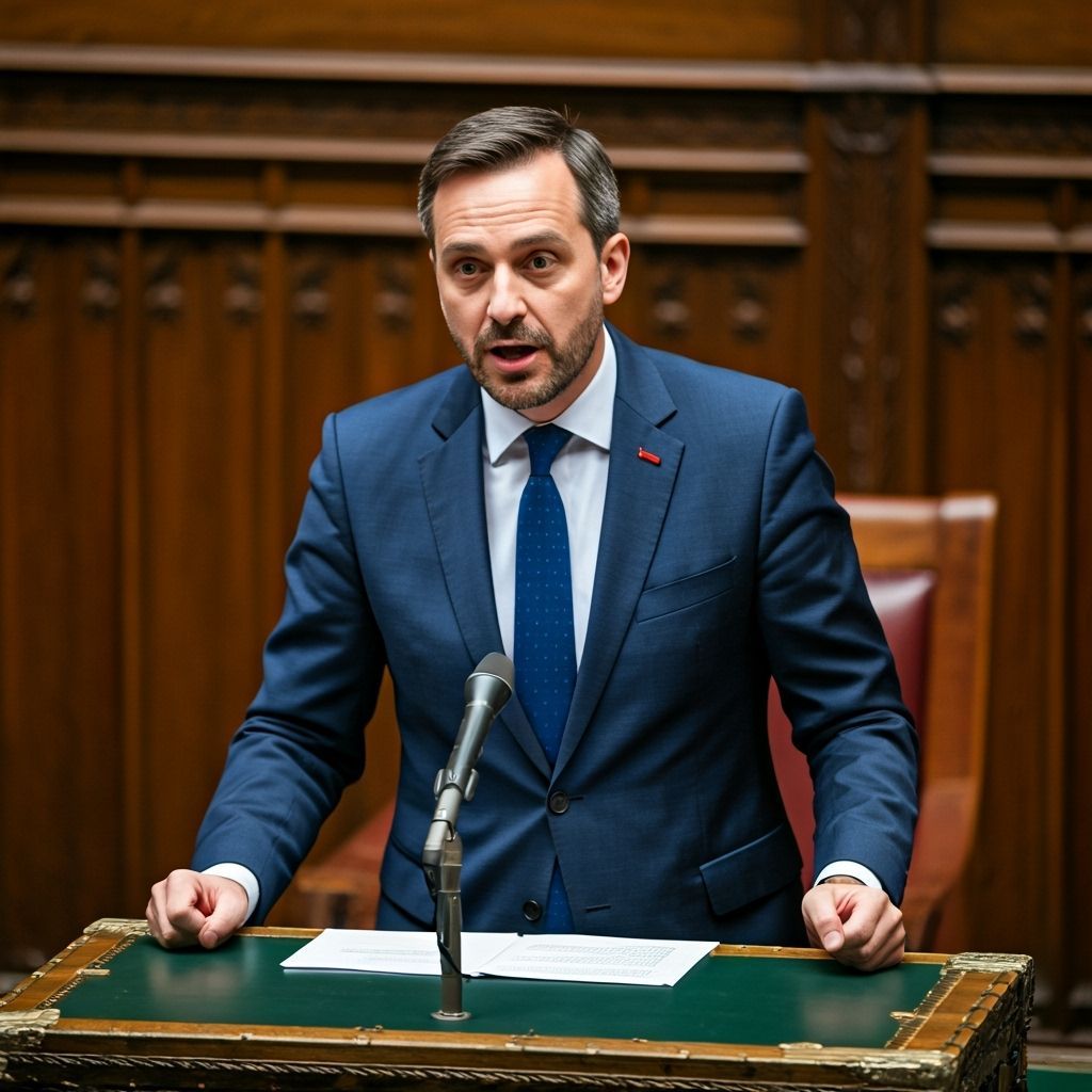 Politician Delivers Speech in Parliament: Detailed Realism