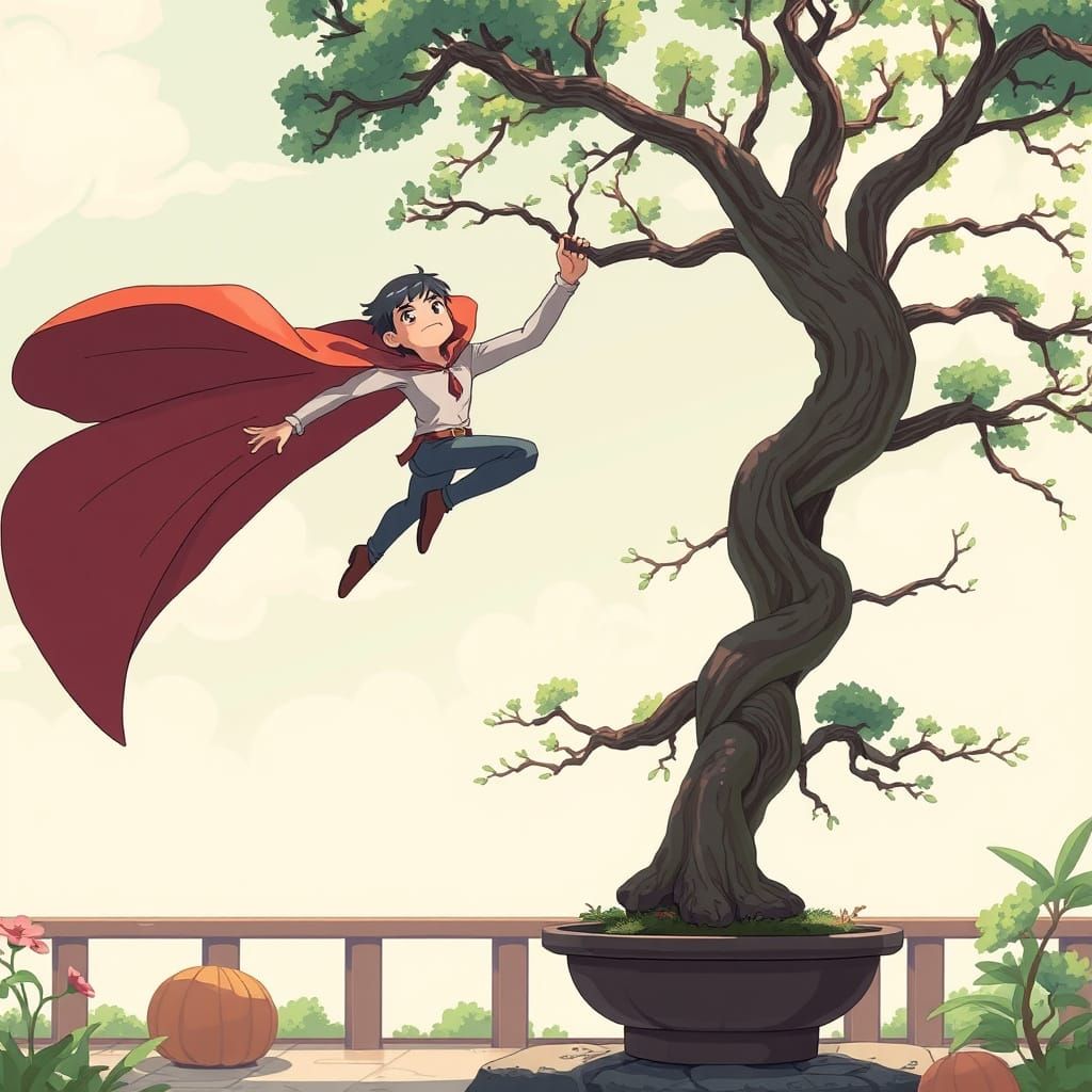Superhero's Cape Snagged on Tiny Bonsai Tree