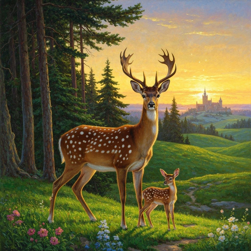 Mother Deer and Fawn in Golden Sunset Winter Landscape Paint...