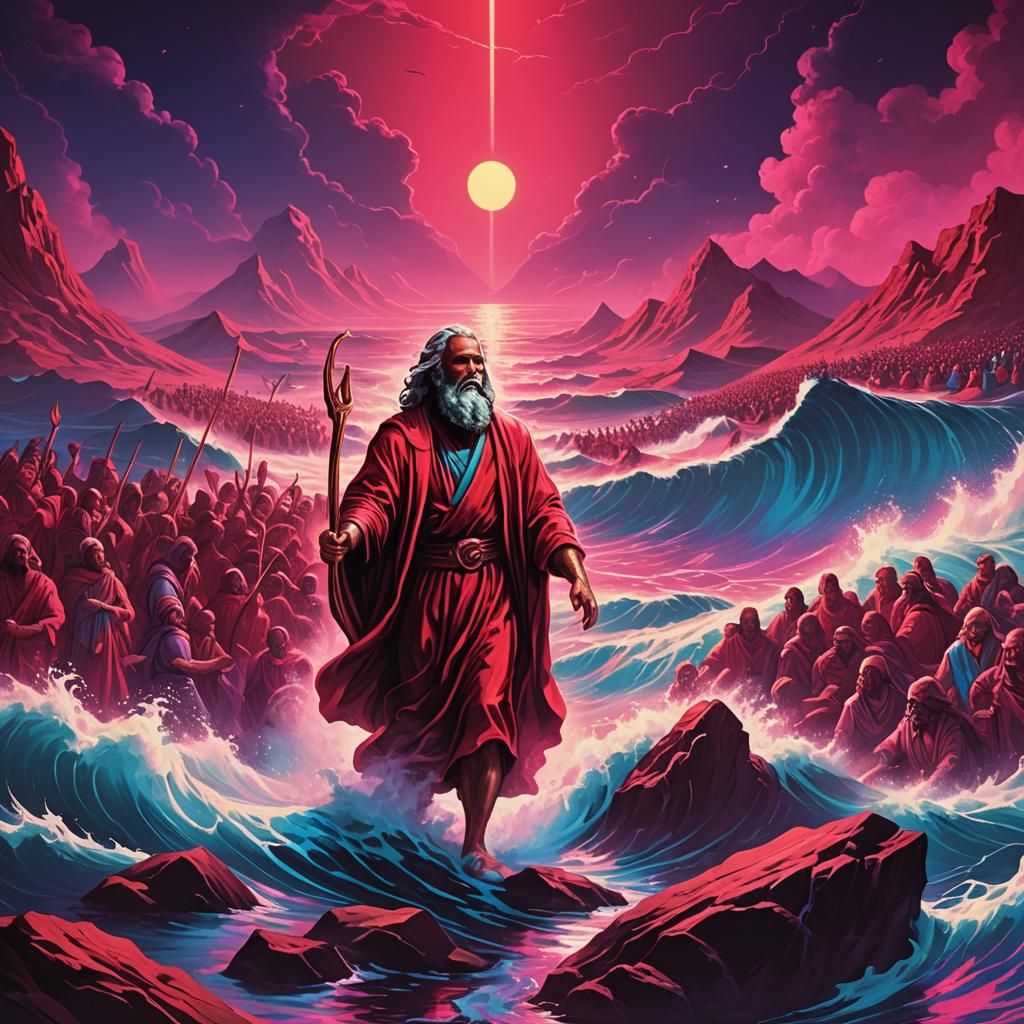 Moses Parting Red Sea in Synthwave Neon Style
