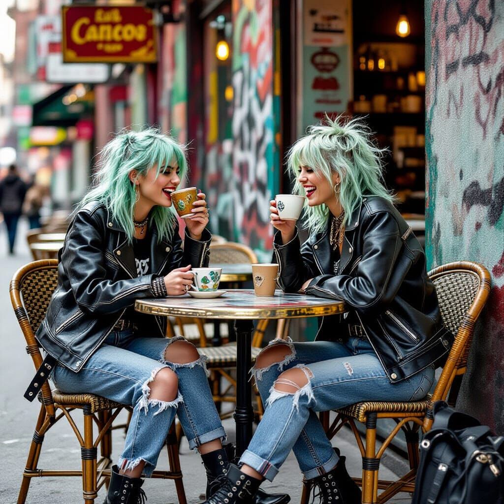 Grunge Punk Girls with Green Hair at Outdoor Cafe
