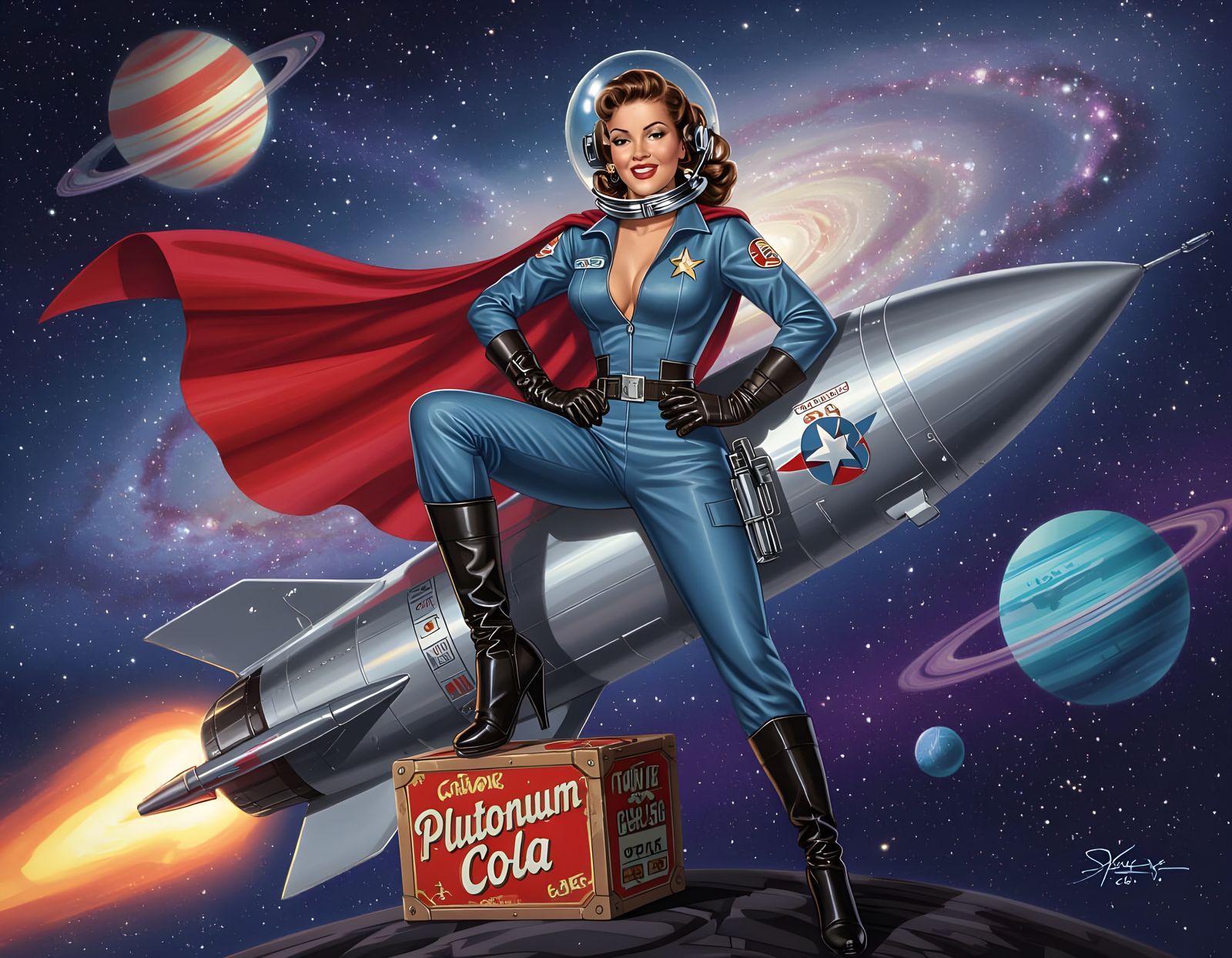 Glamorous Space Pilot Poses Atop Silver Rocket