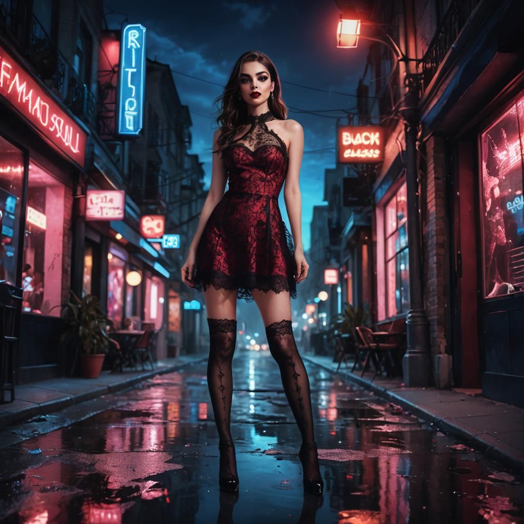 Brunette in Red Dress on City Street at Night