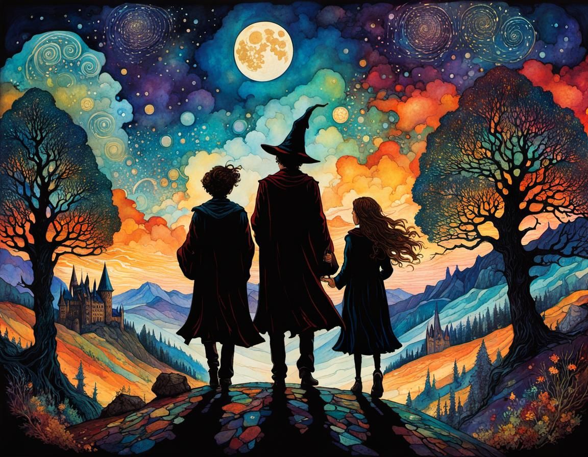 Wizard Children Return to Hogwarts: Alcohol Ink Illustration