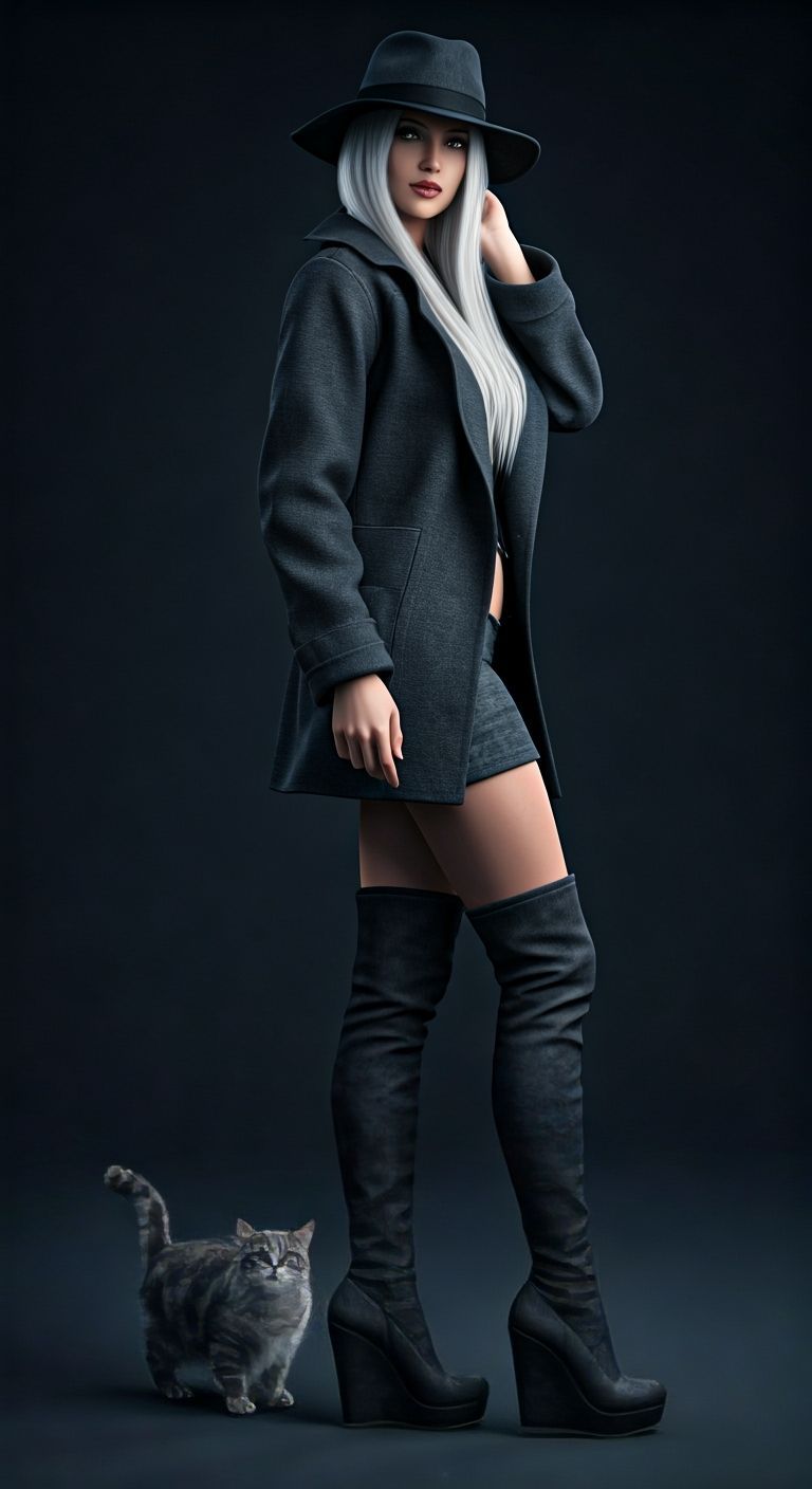 Hyperrealistic Woman with Cat in High Fashion Outfit