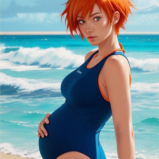 Anime Pregnant Woman on Beach in Cel-Shaded Manga Style
