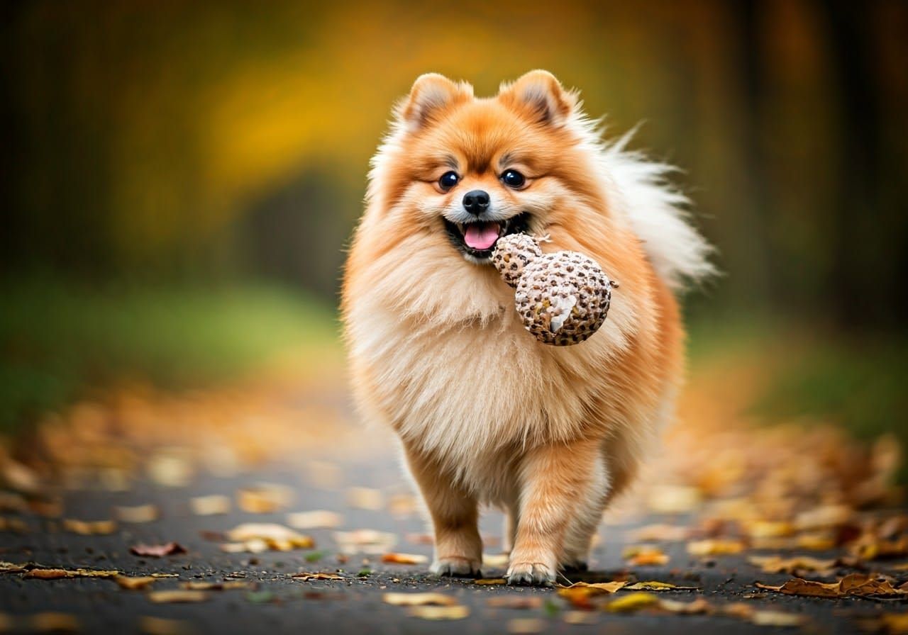 Happy Pomeranian with Chew Toy in Autumn