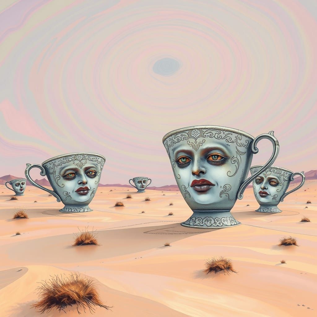 Surreal Desert Scene with Talking Teacups in Dali Zentangle ...