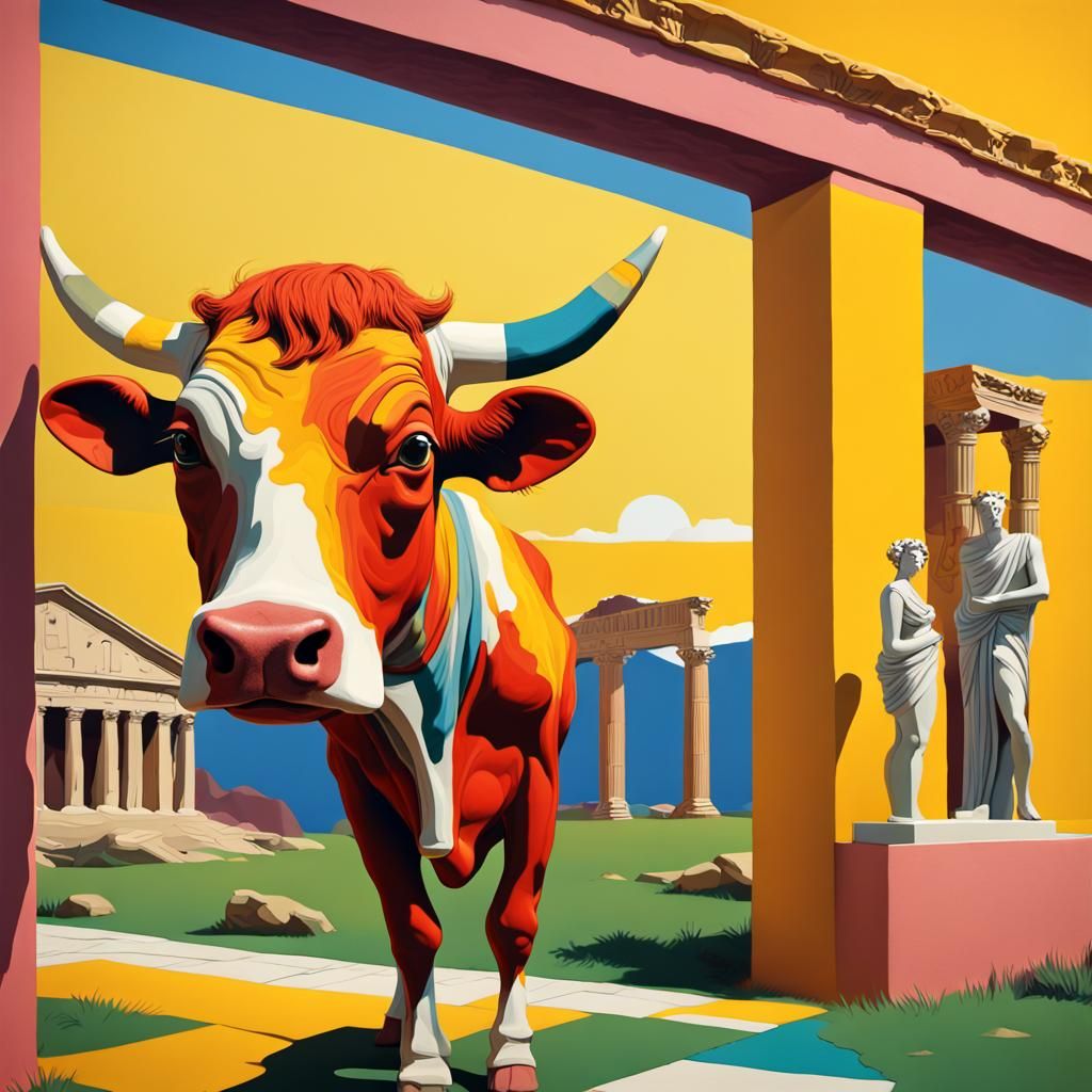 Cow Photobombs Caesar in Surrealist Pop Art Style