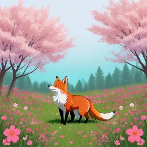 Curious Red Fox in Cherry Blossom Meadow: Anime Style