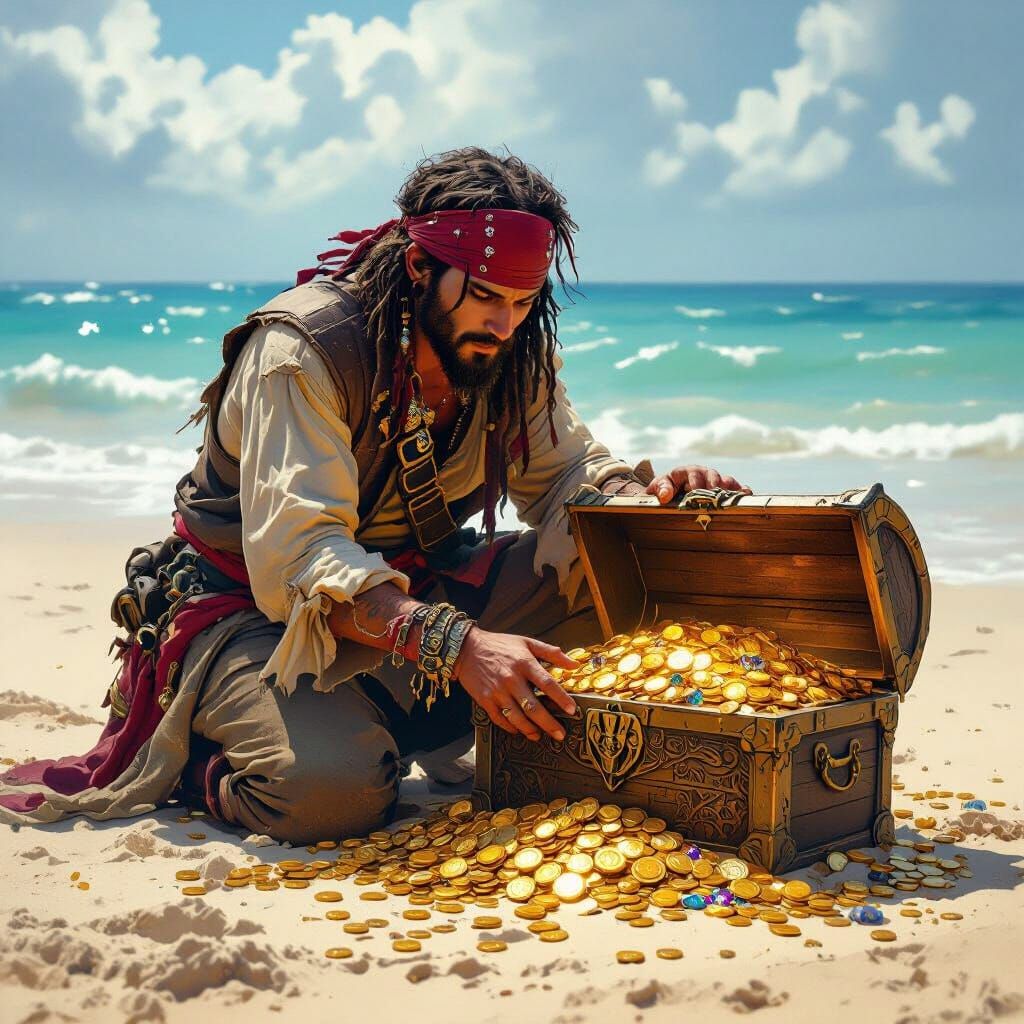 Pirate Discovers Overflowing Treasure Chest on Beach