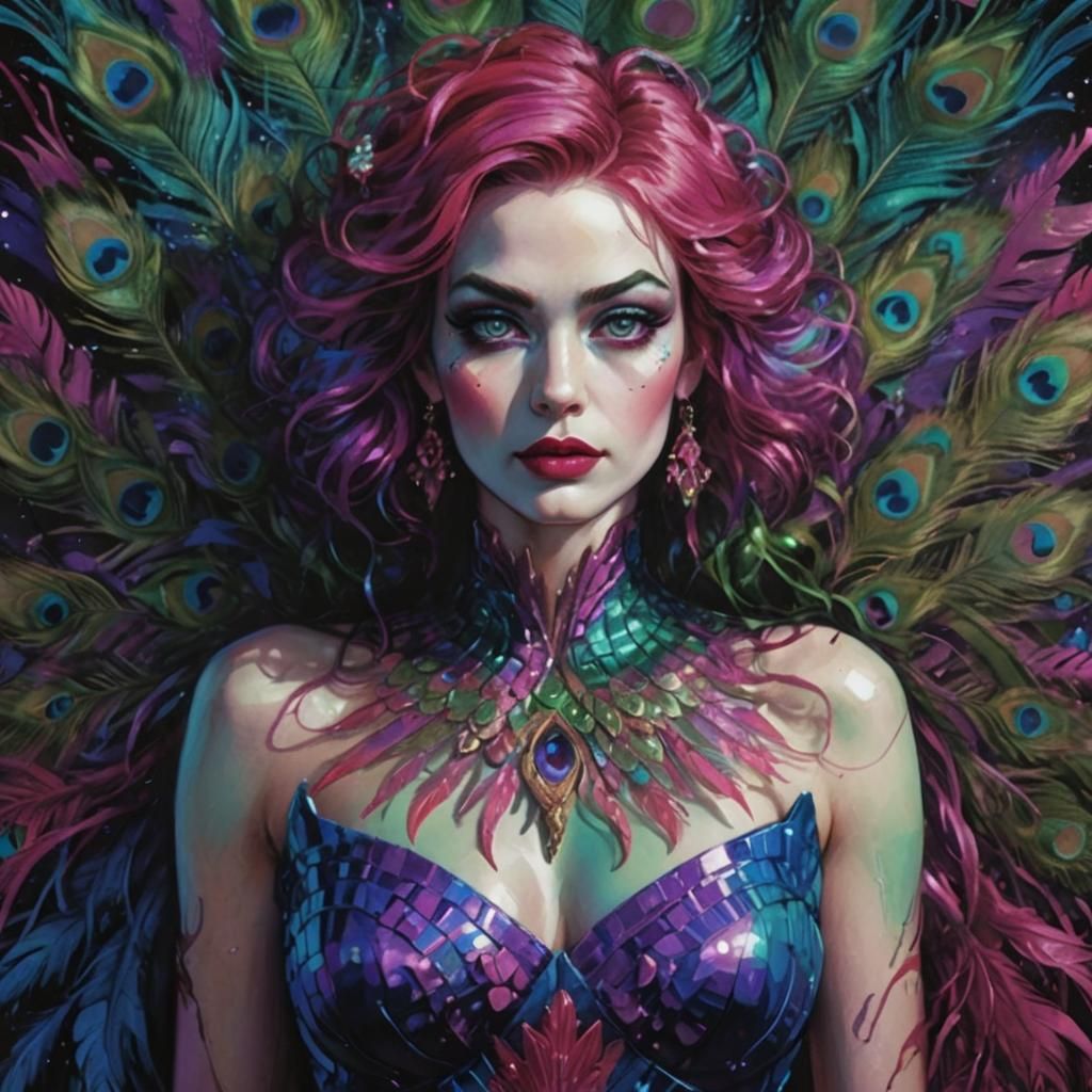 Peacock Woman Portrait in Comic Book Art Style